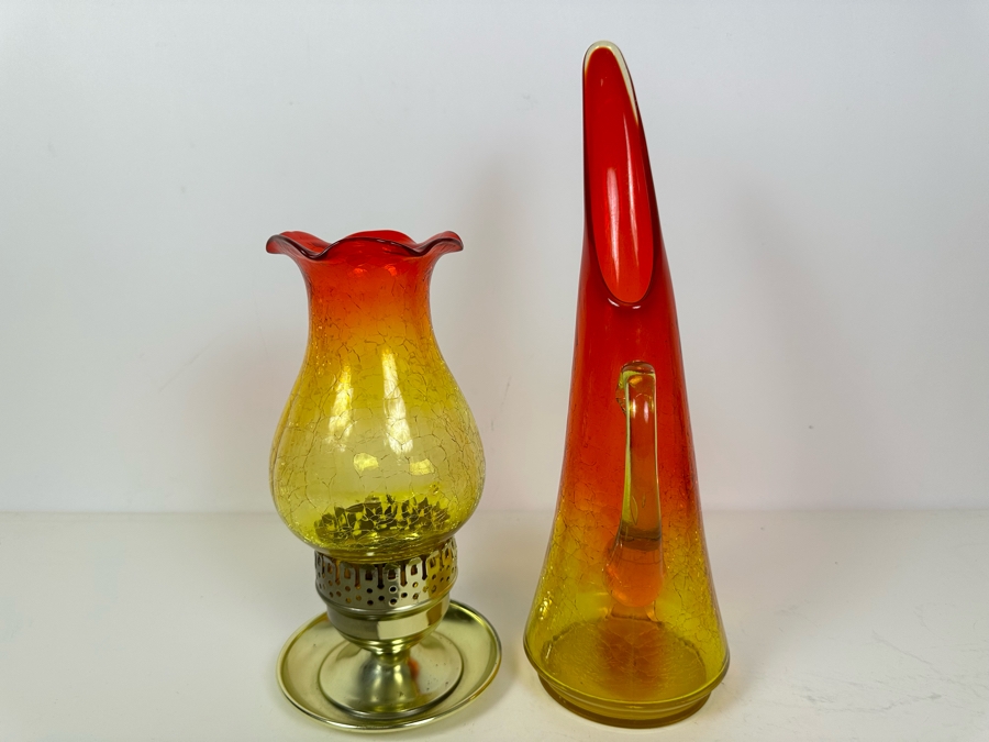 Vintage MCM Amberina Crackle Glass Chimney With Brass Oil Lamp 10'H And Kanawha Crackle Glass Pitcher 14.5'H [Photo 3]