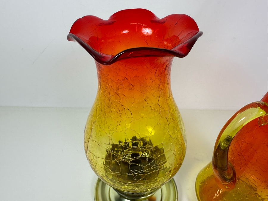 Vintage MCM Amberina Crackle Glass Chimney With Brass Oil Lamp 10'H And Kanawha Crackle Glass Pitcher 14.5'H [Photo 5]