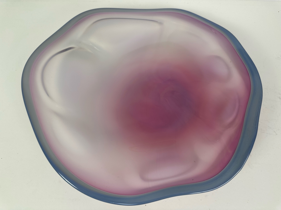 Vintage Signed Malis & Jaffe Germantown Glassworks Art Glass Works Large Pink Bowl Dish Ohio 14'W X 13.5'D X 3'H [Photo 2]