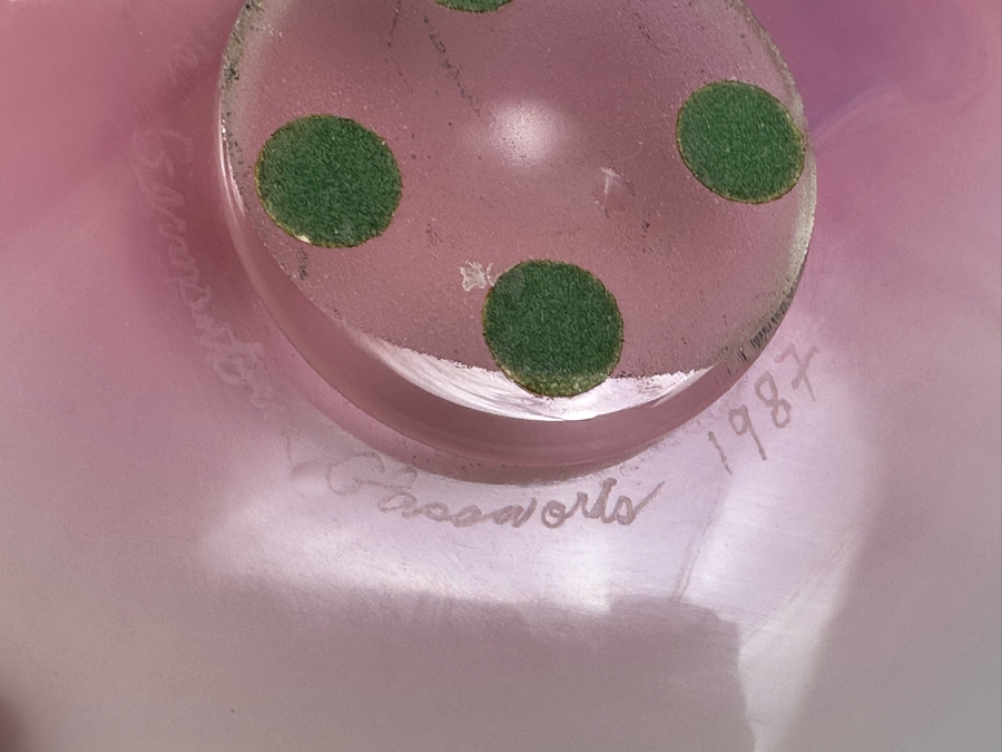 Vintage Signed Malis & Jaffe Germantown Glassworks Art Glass Works Large Pink Bowl Dish Ohio 14'W X 13.5'D X 3'H [Photo 7]