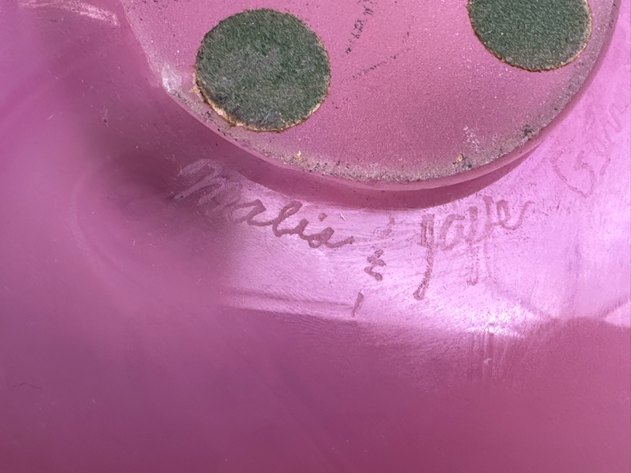 Vintage Signed Malis & Jaffe Germantown Glassworks Art Glass Works Large Pink Bowl Dish Ohio 14'W X 13.5'D X 3'H [Photo 5]