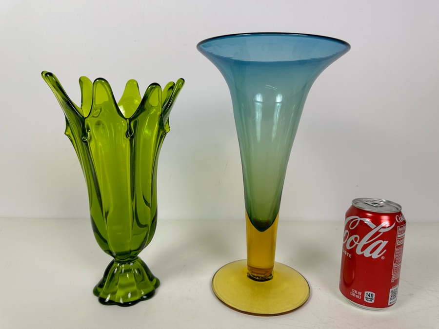Vintage Viking Glass Swung Vase Green 11'H (L) And Vintage Blenko Glass Handmade Trumpet Vase 12'H (R) [Photo 5]