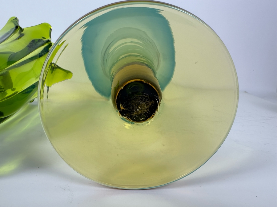 Vintage Viking Glass Swung Vase Green 11'H (L) And Vintage Blenko Glass Handmade Trumpet Vase 12'H (R) [Photo 4]