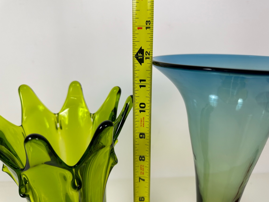 Vintage Viking Glass Swung Vase Green 11'H (L) And Vintage Blenko Glass Handmade Trumpet Vase 12'H (R) [Photo 6]