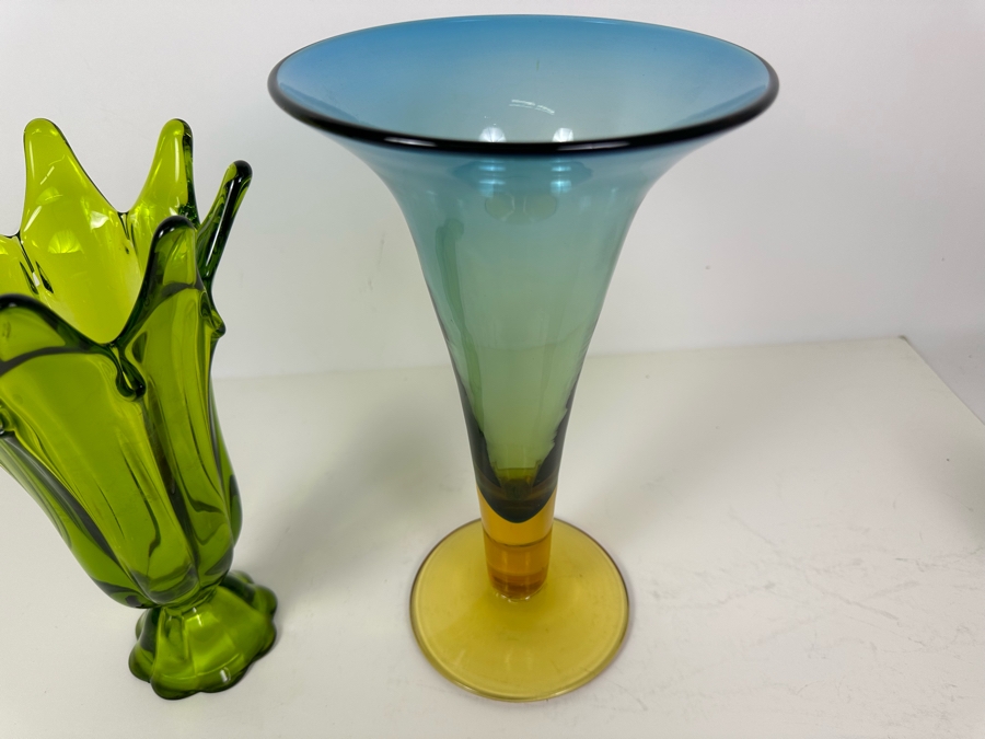 Vintage Viking Glass Swung Vase Green 11'H (L) And Vintage Blenko Glass Handmade Trumpet Vase 12'H (R) [Photo 3]