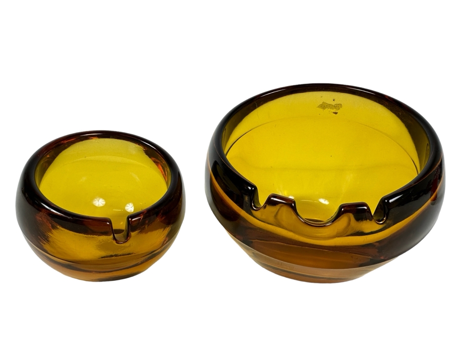 Pair Of Vintage MCM Viking Glass Orb Ashtrays Amber 3'H & 4.5'H