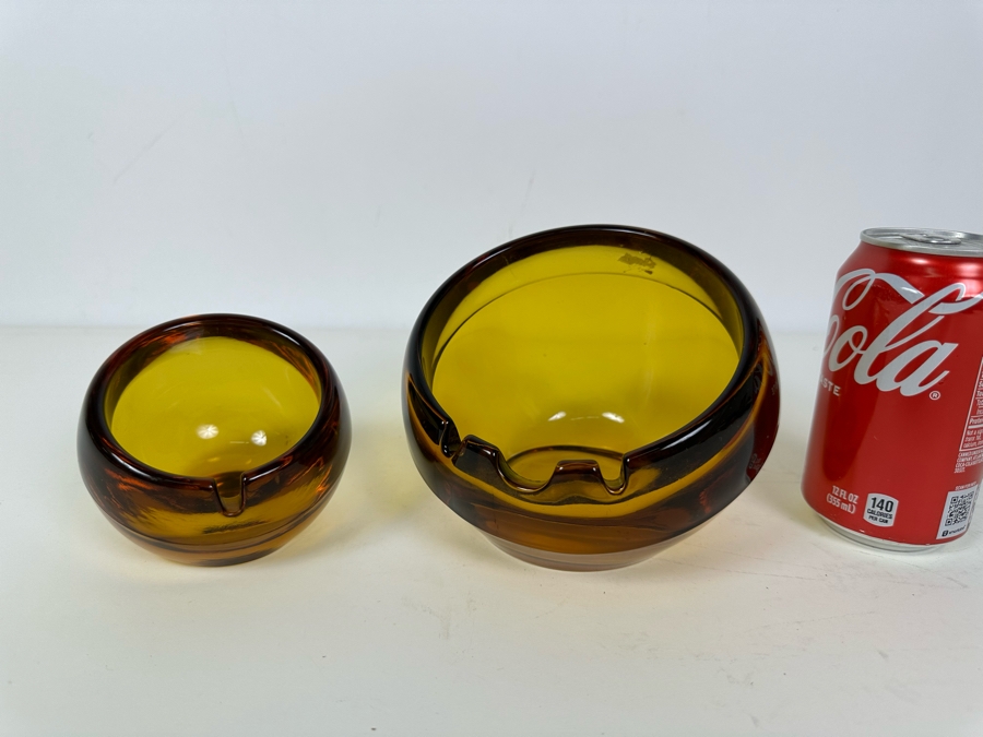 Pair Of Vintage MCM Viking Glass Orb Ashtrays Amber 3'H & 4.5'H [Photo 4]