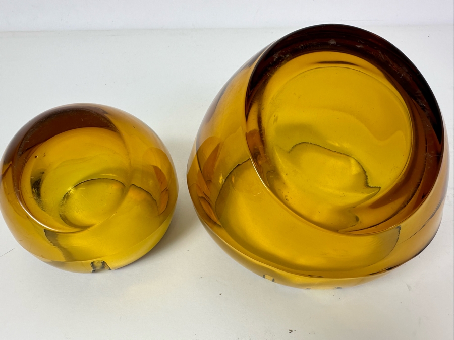 Pair Of Vintage MCM Viking Glass Orb Ashtrays Amber 3'H & 4.5'H [Photo 3]
