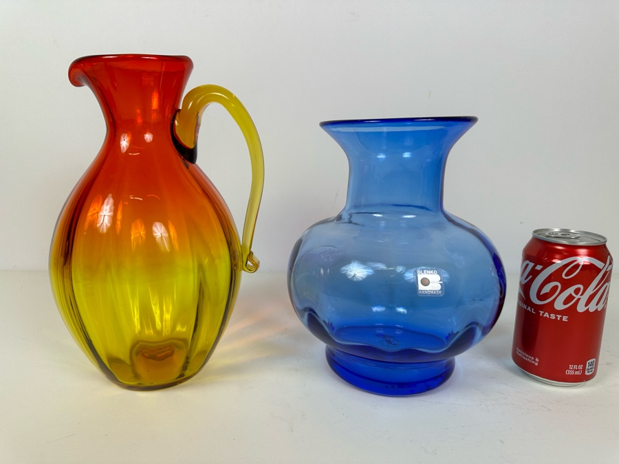 Vintage Blenko Glass Amberina Pitcher 10.5'H (L) And Blenko Glass Blue Vase 8.5'H (R) [Photo 7]