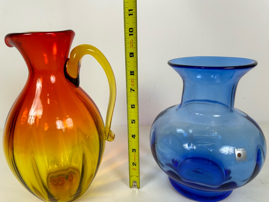 Vintage Blenko Glass Amberina Pitcher 10.5'H (L) And Blenko Glass Blue Vase 8.5'H (R) [Photo 6]