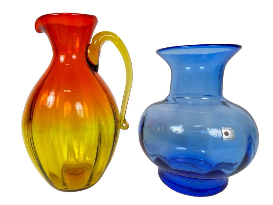 Vintage Blenko Glass Amberina Pitcher 10.5'H (L) And Blenko Glass Blue Vase 8.5'H (R) [Photo 1]