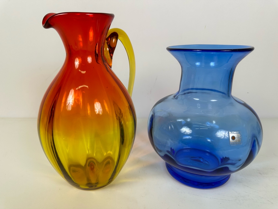 Vintage Blenko Glass Amberina Pitcher 10.5'H (L) And Blenko Glass Blue Vase 8.5'H (R) [Photo 4]