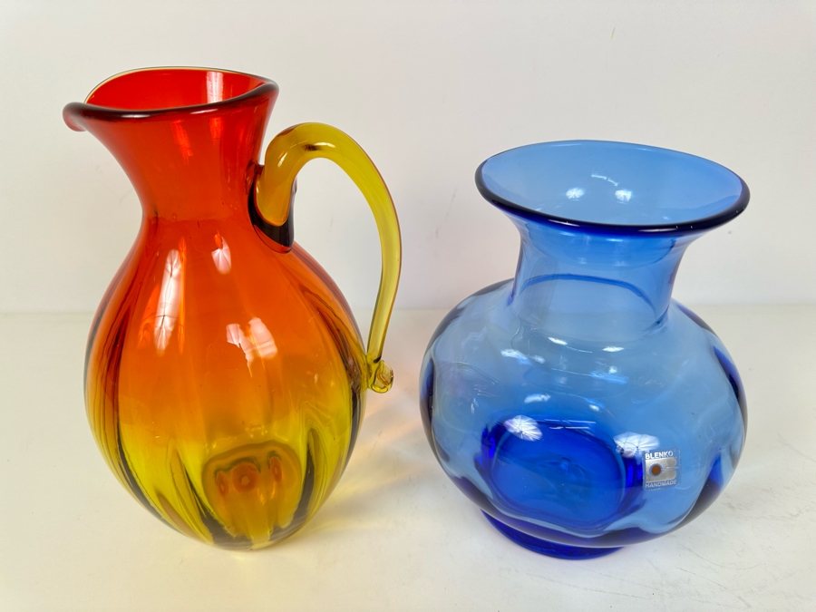 Vintage Blenko Glass Amberina Pitcher 10.5'H (L) And Blenko Glass Blue Vase 8.5'H (R) [Photo 2]