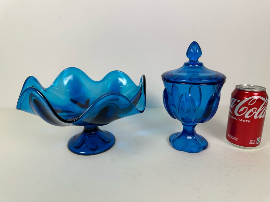 Vintage Blue Viking Glass Compote Bowl 6'H And Blue Viking Glass Candy Dish 8.5'H [Photo 4]