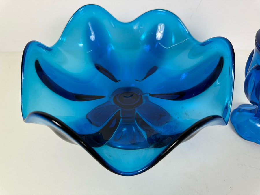 Vintage Blue Viking Glass Compote Bowl 6'H And Blue Viking Glass Candy Dish 8.5'H [Photo 2]