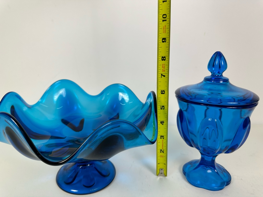 Vintage Blue Viking Glass Compote Bowl 6'H And Blue Viking Glass Candy Dish 8.5'H [Photo 5]