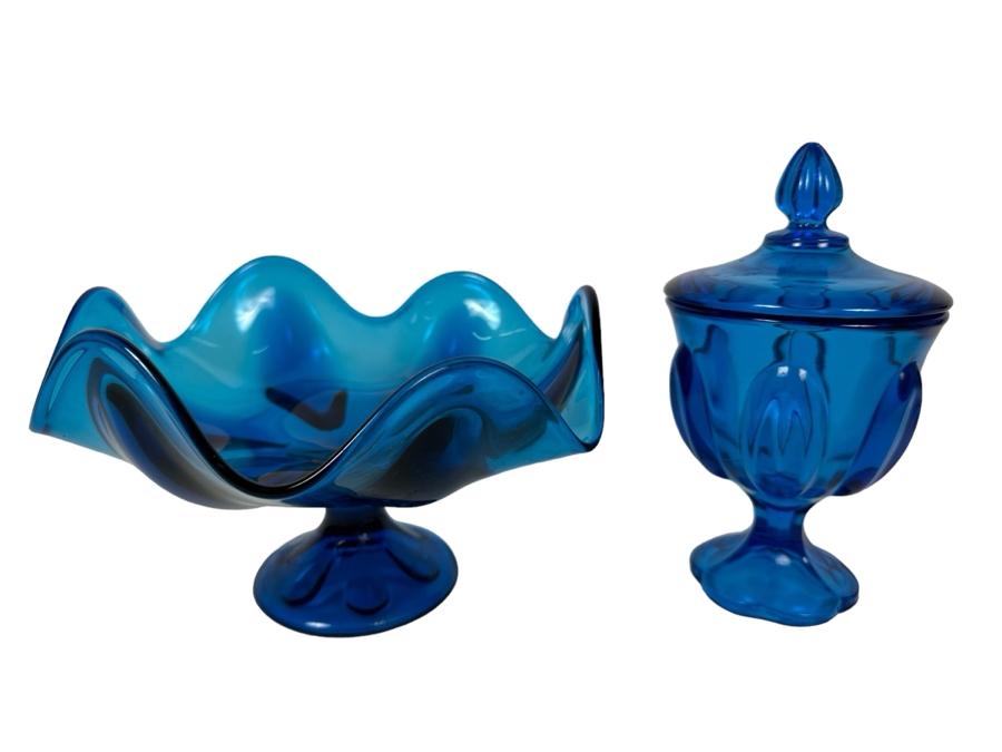 Vintage Blue Viking Glass Compote Bowl 6'H And Blue Viking Glass Candy Dish 8.5'H [Photo 1]