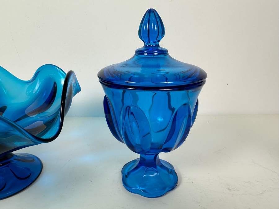 Vintage Blue Viking Glass Compote Bowl 6'H And Blue Viking Glass Candy Dish 8.5'H [Photo 3]