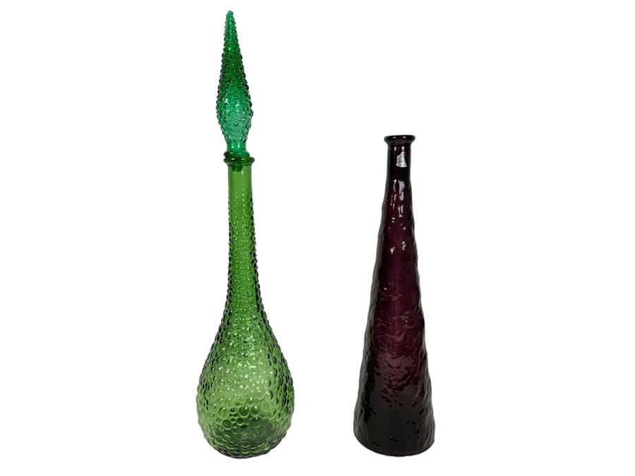 Two Vintage MCM Empoli Glass Genie Bottles Decanters Italian Glass In Green With Stopper & Amethyst Purple 22'H And 17'H [Photo 1]