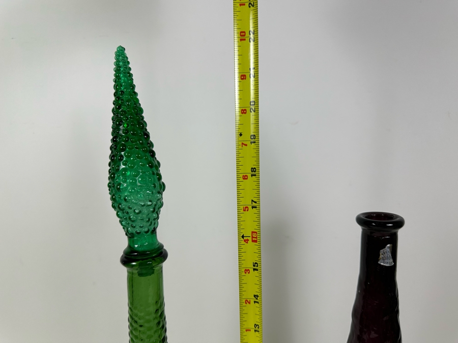 Two Vintage MCM Empoli Glass Genie Bottles Decanters Italian Glass In Green With Stopper & Amethyst Purple 22'H And 17'H [Photo 7]