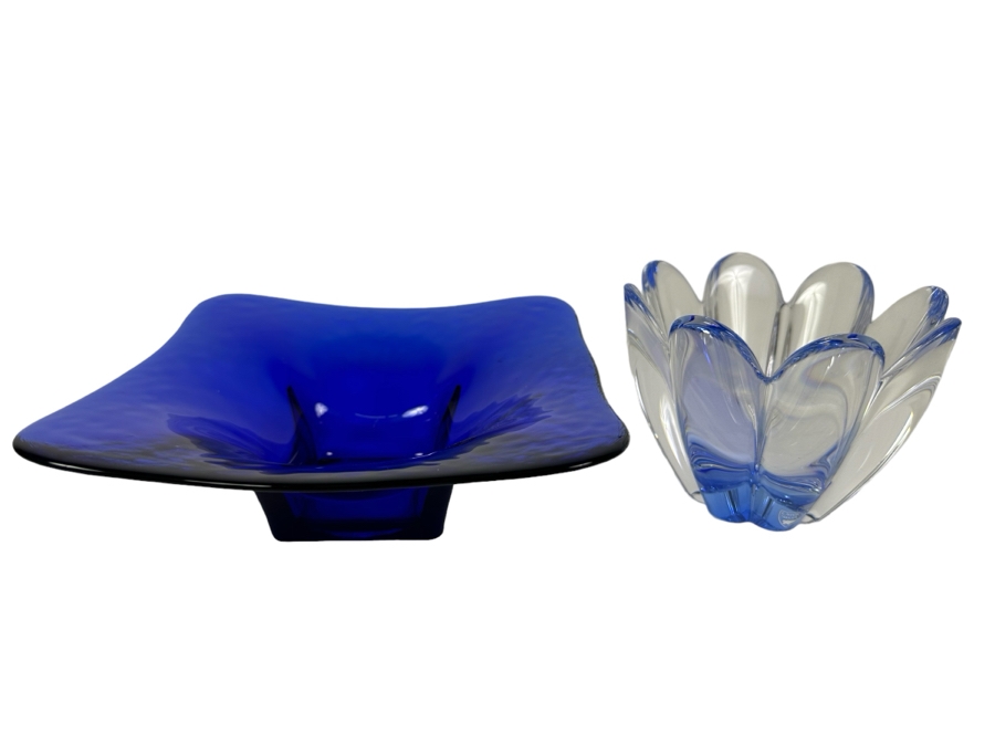 Blue Art Glass Bowl 8'W X 3'H (L) And Signed Orrefors Sweden Crystal Bowl 3.75'H (R) [Photo 1]