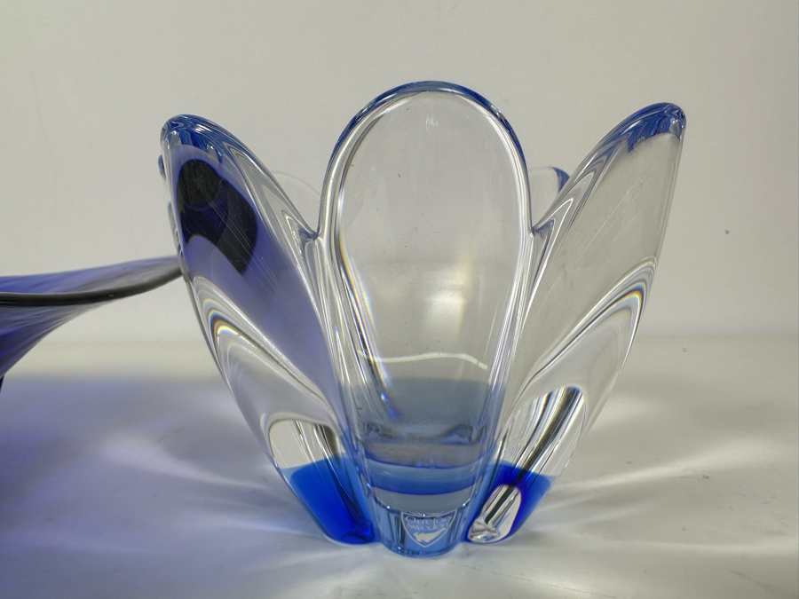 Blue Art Glass Bowl 8'W X 3'H (L) And Signed Orrefors Sweden Crystal Bowl 3.75'H (R) [Photo 2]