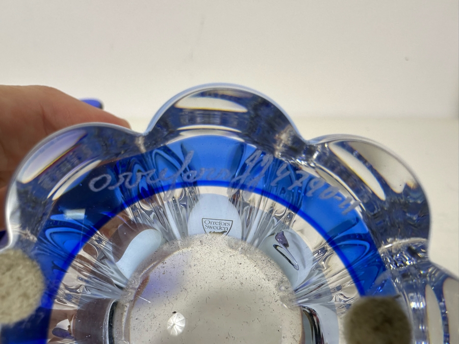 Blue Art Glass Bowl 8'W X 3'H (L) And Signed Orrefors Sweden Crystal Bowl 3.75'H (R) [Photo 6]