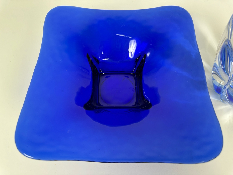 Blue Art Glass Bowl 8'W X 3'H (L) And Signed Orrefors Sweden Crystal Bowl 3.75'H (R) [Photo 4]