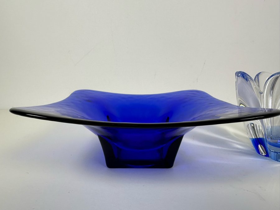 Blue Art Glass Bowl 8'W X 3'H (L) And Signed Orrefors Sweden Crystal Bowl 3.75'H (R) [Photo 5]