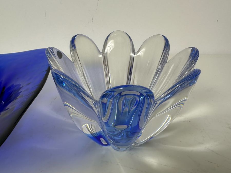 Blue Art Glass Bowl 8'W X 3'H (L) And Signed Orrefors Sweden Crystal Bowl 3.75'H (R) [Photo 3]
