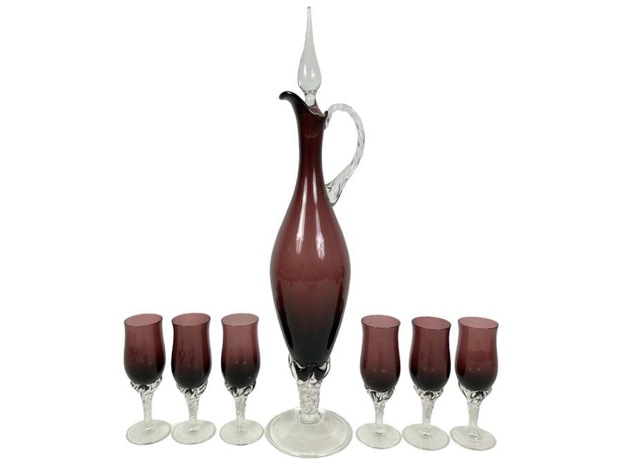 Stunning Handmade Amethyst Purple Decanter With Stopper 15'H And Six Matching Stemware Glasses 5.5'H