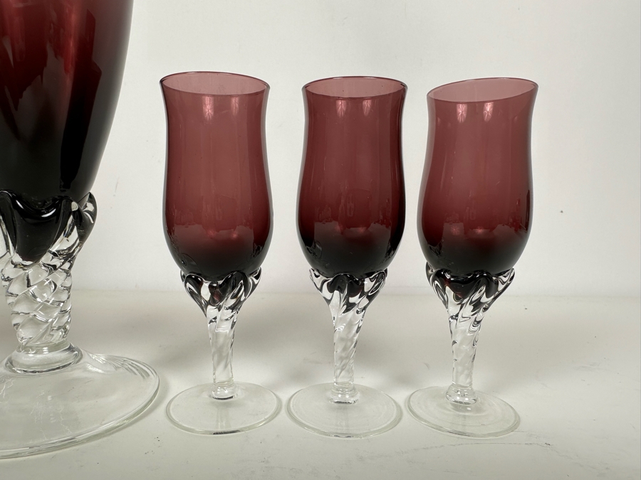 Stunning Handmade Amethyst Purple Decanter With Stopper 15'H And Six Matching Stemware Glasses 5.5'H [Photo 4]
