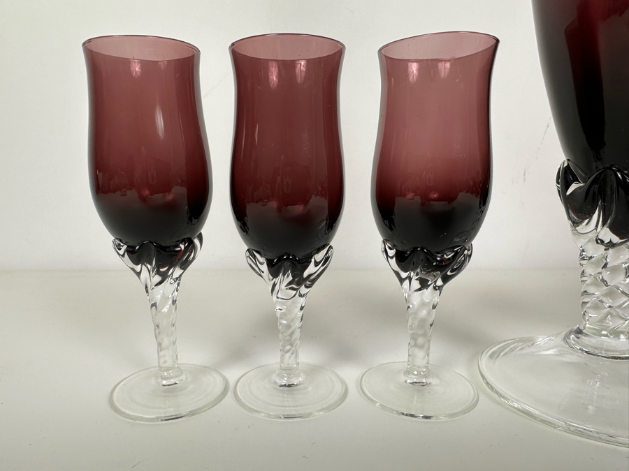 Stunning Handmade Amethyst Purple Decanter With Stopper 15'H And Six Matching Stemware Glasses 5.5'H [Photo 2]