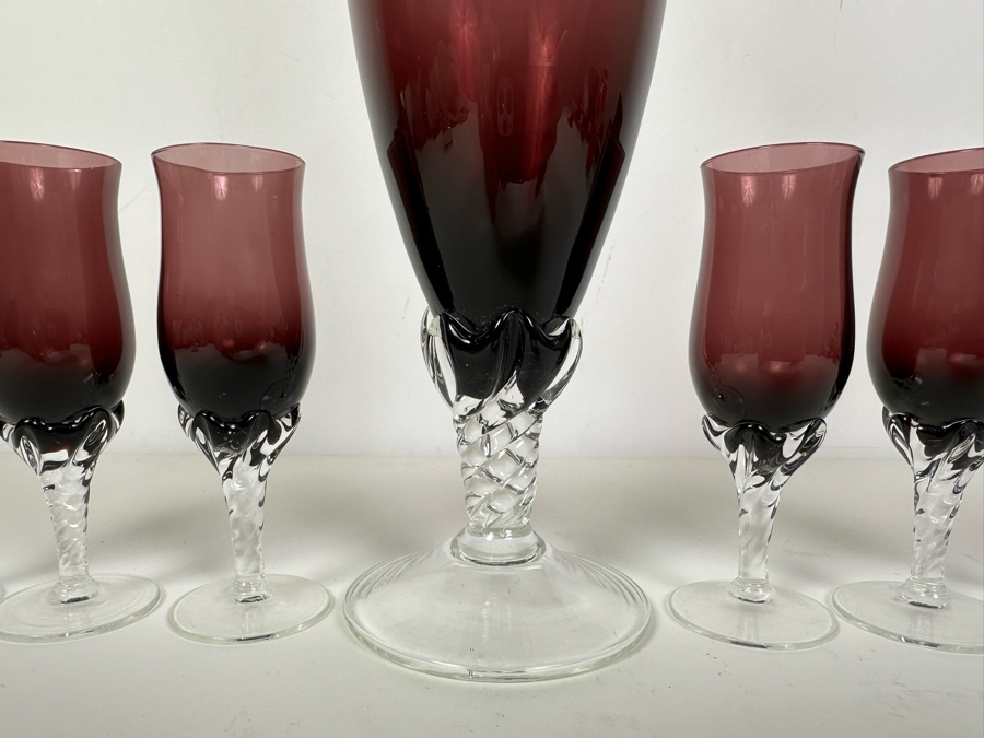 Stunning Handmade Amethyst Purple Decanter With Stopper 15'H And Six Matching Stemware Glasses 5.5'H [Photo 3]