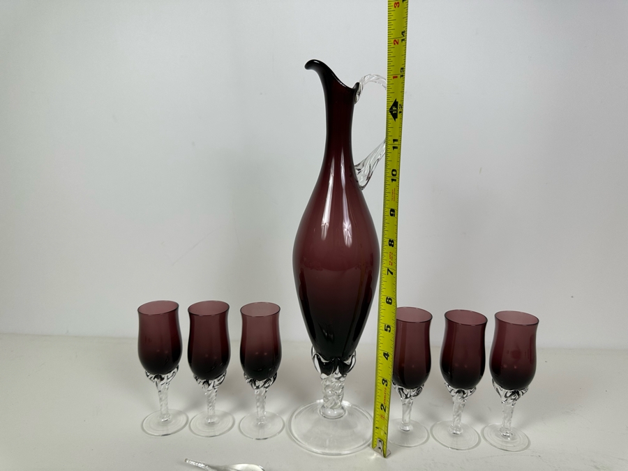 Stunning Handmade Amethyst Purple Decanter With Stopper 15'H And Six Matching Stemware Glasses 5.5'H [Photo 7]