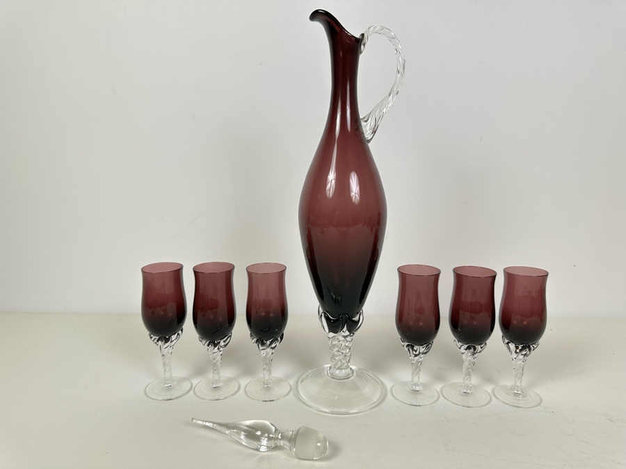 Stunning Handmade Amethyst Purple Decanter With Stopper 15'H And Six Matching Stemware Glasses 5.5'H [Photo 6]