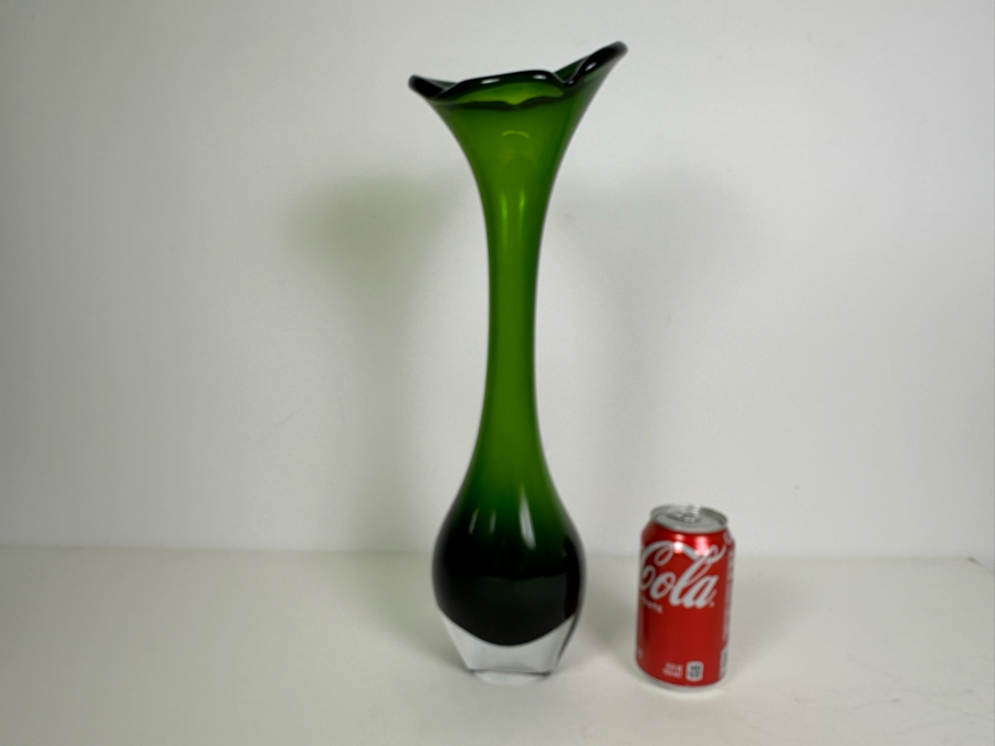 Vintage Mid-Century Modern Swedish Swung Tall Green Glass Vase 17.5'H [Photo 2]