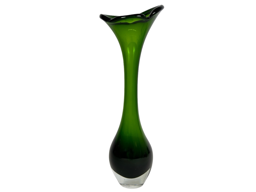 Vintage Mid-Century Modern Swedish Swung Tall Green Glass Vase 17.5'H