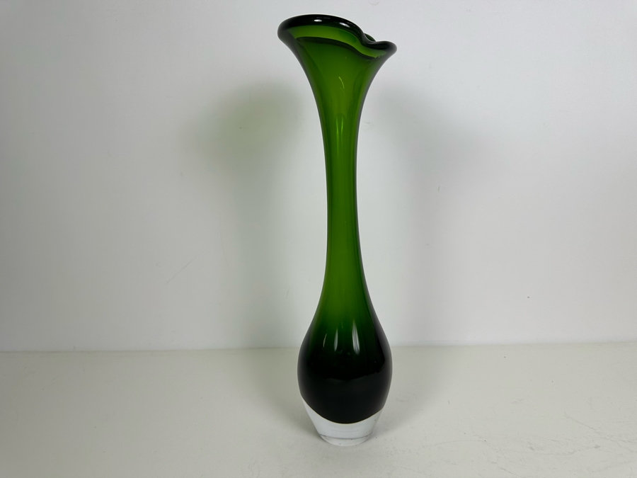 Vintage Mid-Century Modern Swedish Swung Tall Green Glass Vase 17.5'H [Photo 4]