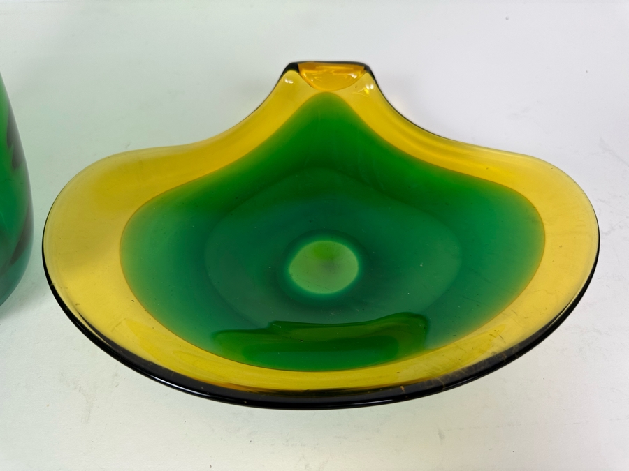 Vintage Blenko Green Art Glass Vase 9.5'H (L) And Vintage Italian Murano Glass Bowl 9'W (R) [Photo 2]