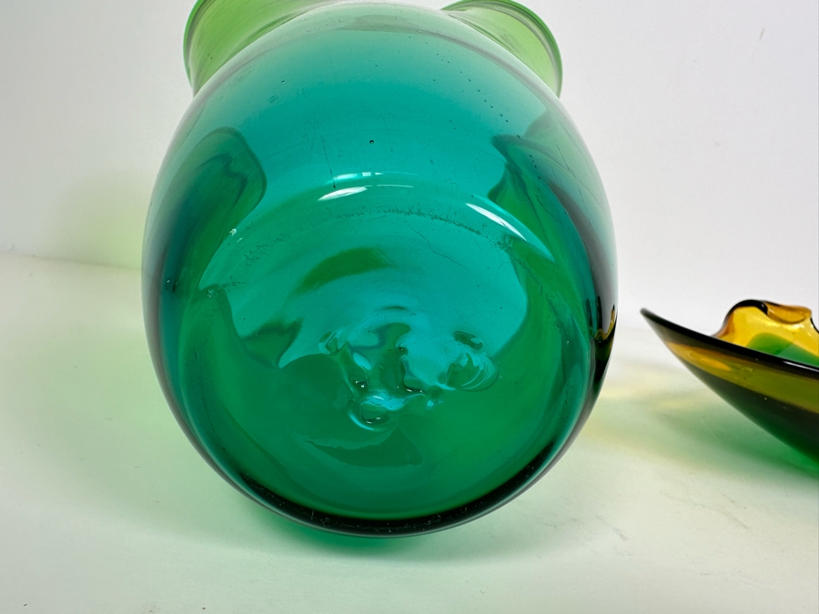 Vintage Blenko Green Art Glass Vase 9.5'H (L) And Vintage Italian Murano Glass Bowl 9'W (R) [Photo 4]