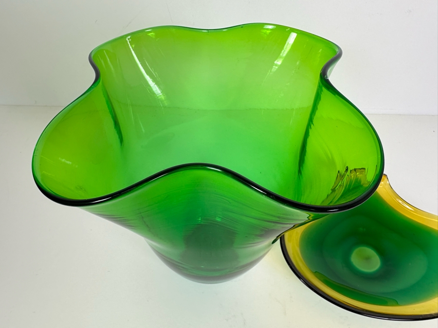 Vintage Blenko Green Art Glass Vase 9.5'H (L) And Vintage Italian Murano Glass Bowl 9'W (R) [Photo 3]