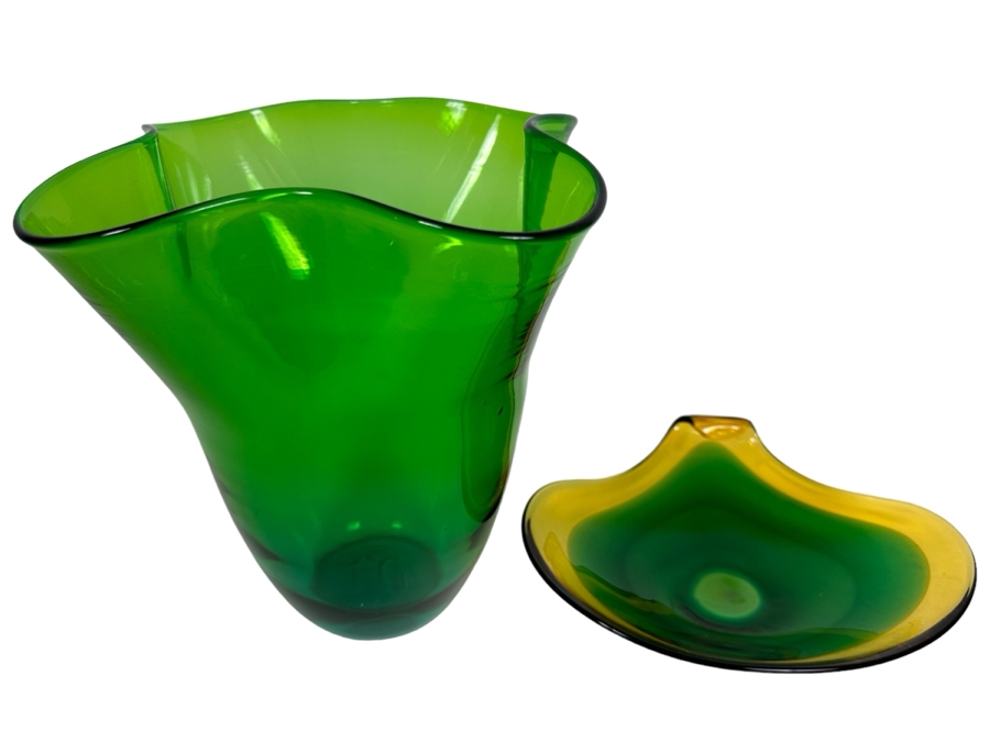 Vintage Blenko Green Art Glass Vase 9.5'H (L) And Vintage Italian Murano Glass Bowl 9'W (R) [Photo 1]