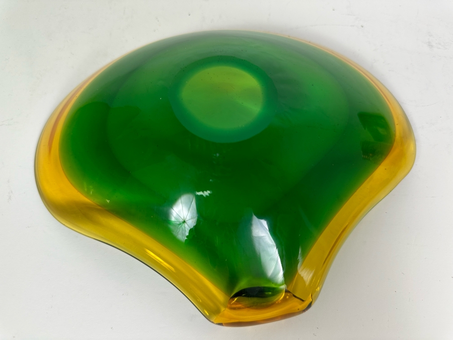 Vintage Blenko Green Art Glass Vase 9.5'H (L) And Vintage Italian Murano Glass Bowl 9'W (R) [Photo 6]