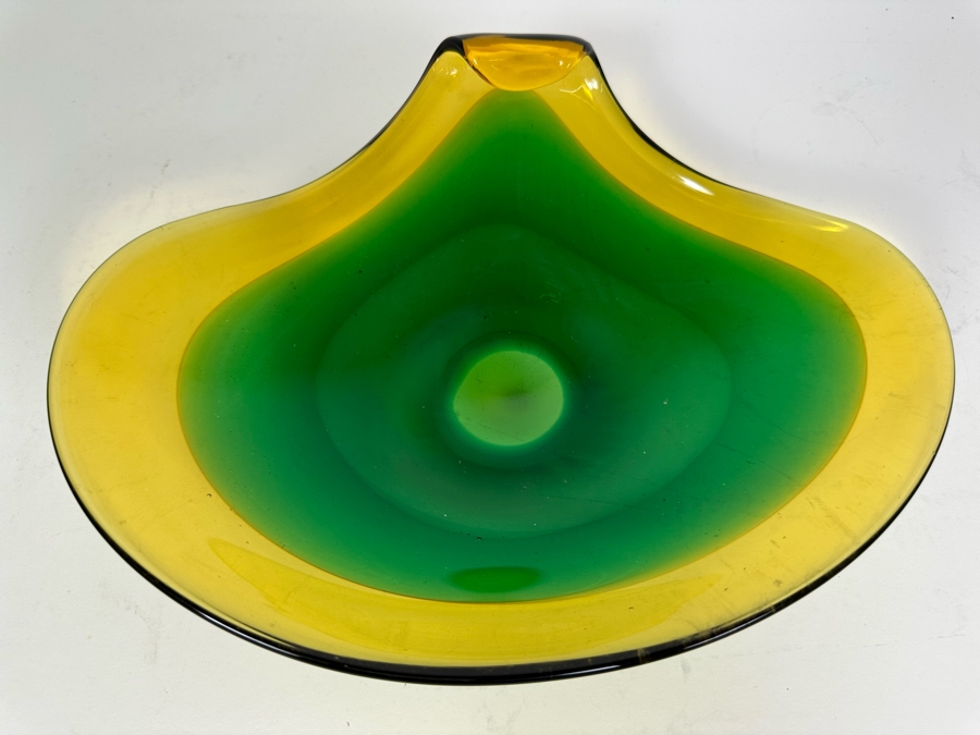 Vintage Blenko Green Art Glass Vase 9.5'H (L) And Vintage Italian Murano Glass Bowl 9'W (R) [Photo 5]