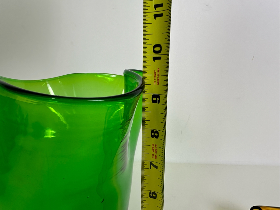 Vintage Blenko Green Art Glass Vase 9.5'H (L) And Vintage Italian Murano Glass Bowl 9'W (R) [Photo 7]