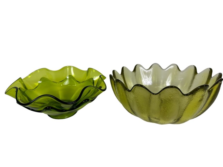 Vintage Viking Green Art Glass Bowl (L) And Mid-Century Blenko Glass Lotus Bowl 9'W [Photo 1]