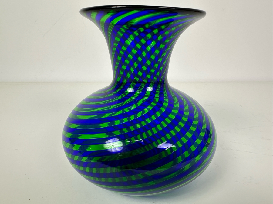 Stunning Vintage Artist Signed Italian Murano Glass Spiral Vase Blue & Green 6'H [Photo 7]