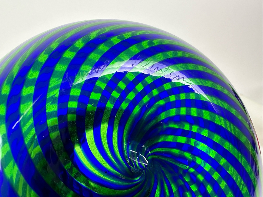 Stunning Vintage Artist Signed Italian Murano Glass Spiral Vase Blue & Green 6'H [Photo 8]