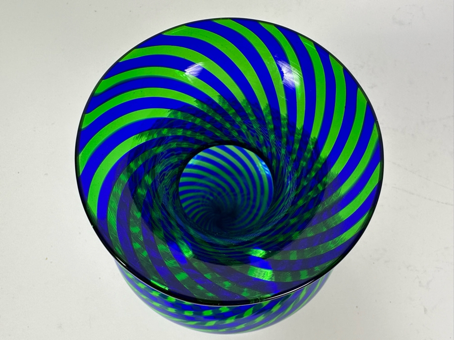 Stunning Vintage Artist Signed Italian Murano Glass Spiral Vase Blue & Green 6'H [Photo 2]